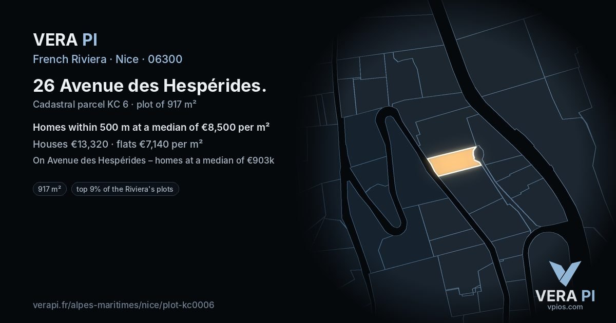 26 Avenue des Hespérides, Nice at night – the plot lit, the parcels around coloured by the prices near them