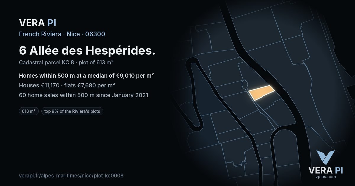 6 Allée des Hespérides, Nice at night – the plot lit, the parcels around coloured by the prices near them