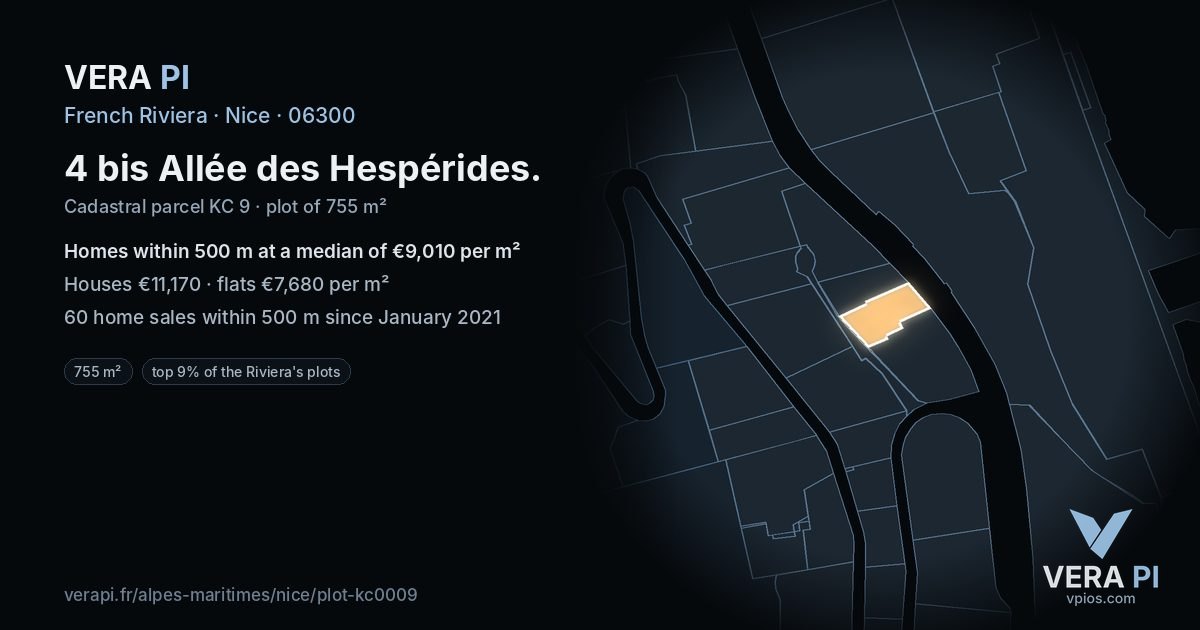 4 bis Allée des Hespérides, Nice at night – the plot lit, the parcels around coloured by the prices near them