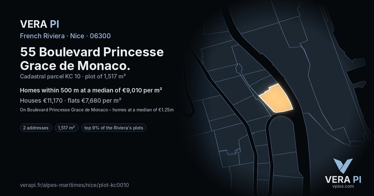 55 Boulevard Princesse Grace de Monaco, Nice at night – the plot lit, the parcels around coloured by the prices near them