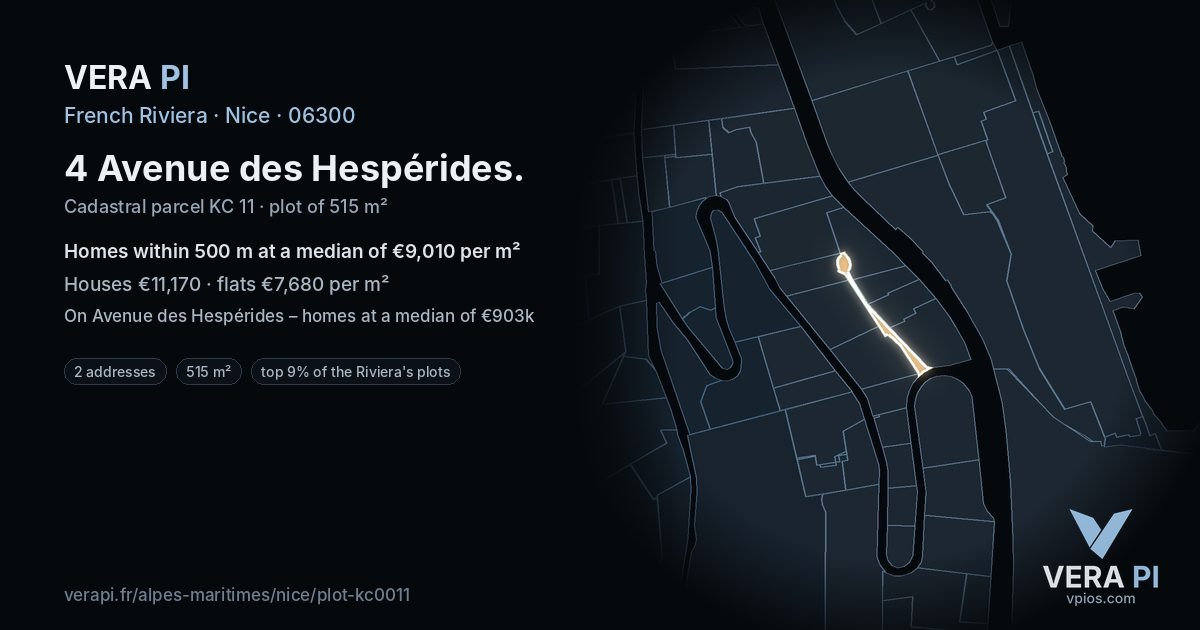 4 Avenue des Hespérides, Nice at night – the plot lit, the parcels around coloured by the prices near them