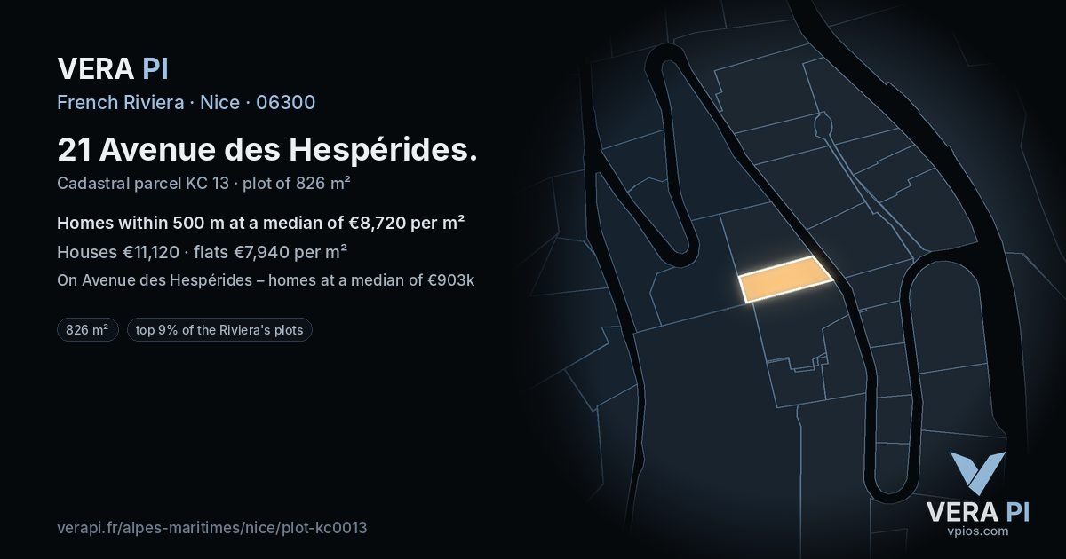 21 Avenue des Hespérides, Nice at night – the plot lit, the parcels around coloured by the prices near them