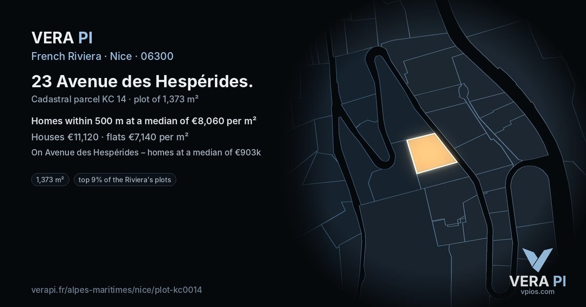 23 Avenue des Hespérides, Nice at night – the plot lit, the parcels around coloured by the prices near them