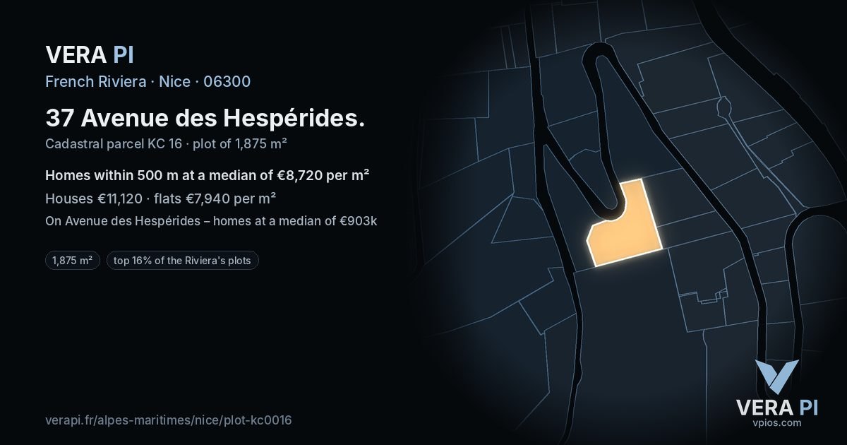 37 Avenue des Hespérides, Nice at night – the plot lit, the parcels around coloured by the prices near them