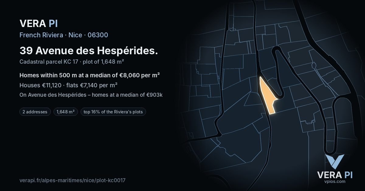 39 Avenue des Hespérides, Nice at night – the plot lit, the parcels around coloured by the prices near them