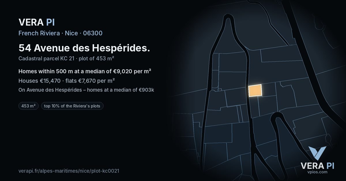 54 Avenue des Hespérides, Nice at night – the plot lit, the parcels around coloured by the prices near them