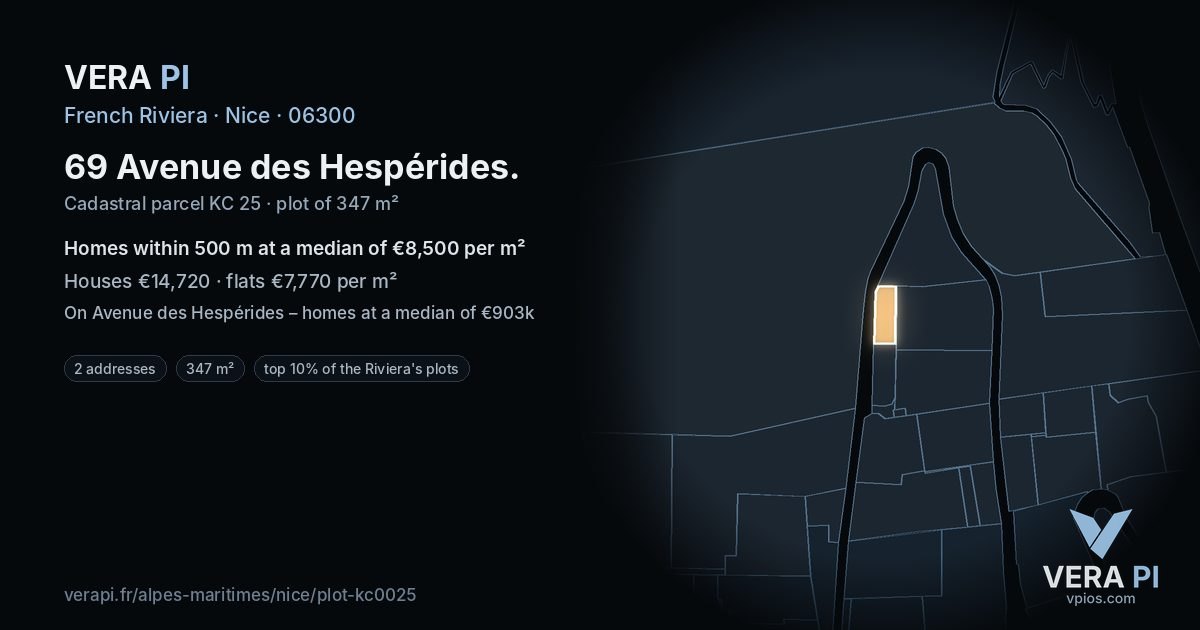 69 Avenue des Hespérides, Nice at night – the plot lit, the parcels around coloured by the prices near them