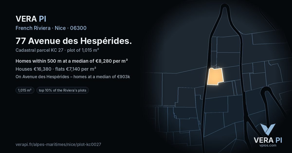 77 Avenue des Hespérides, Nice at night – the plot lit, the parcels around coloured by the prices near them