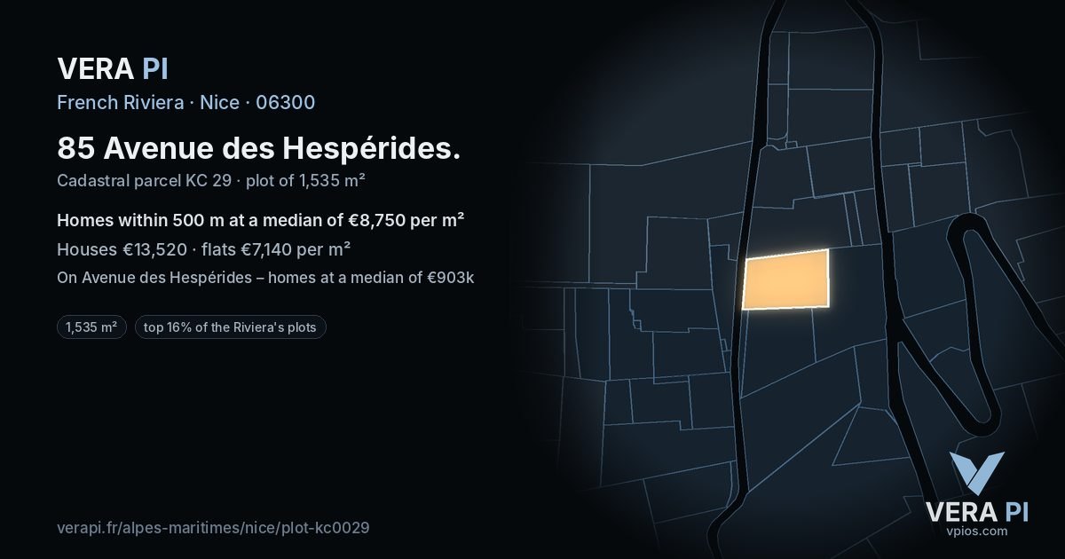 85 Avenue des Hespérides, Nice at night – the plot lit, the parcels around coloured by the prices near them