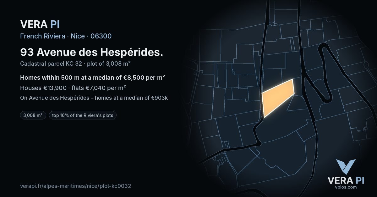 93 Avenue des Hespérides, Nice at night – the plot lit, the parcels around coloured by the prices near them