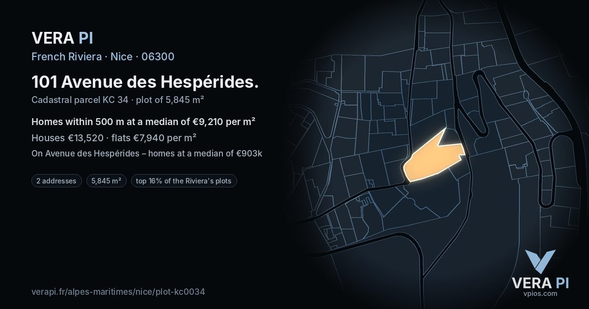 101 Avenue des Hespérides, Nice at night – the plot lit, the parcels around coloured by the prices near them