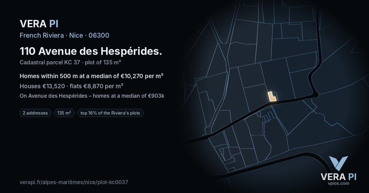 110 Avenue des Hespérides, Nice at night – the plot lit, the parcels around coloured by the prices near them
