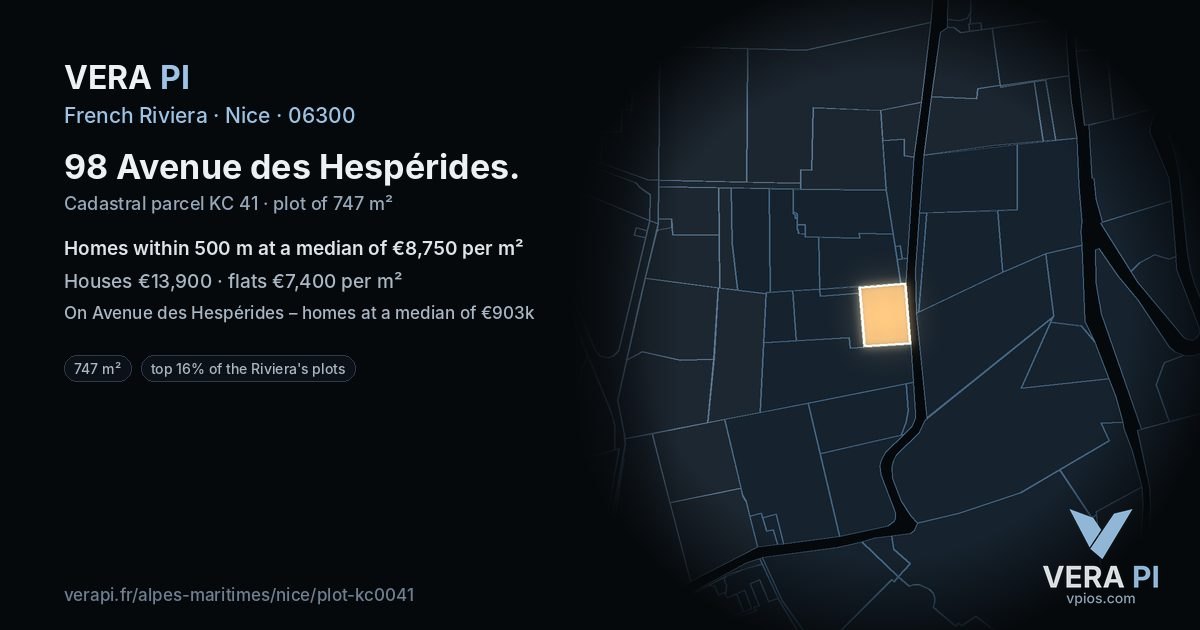98 Avenue des Hespérides, Nice at night – the plot lit, the parcels around coloured by the prices near them