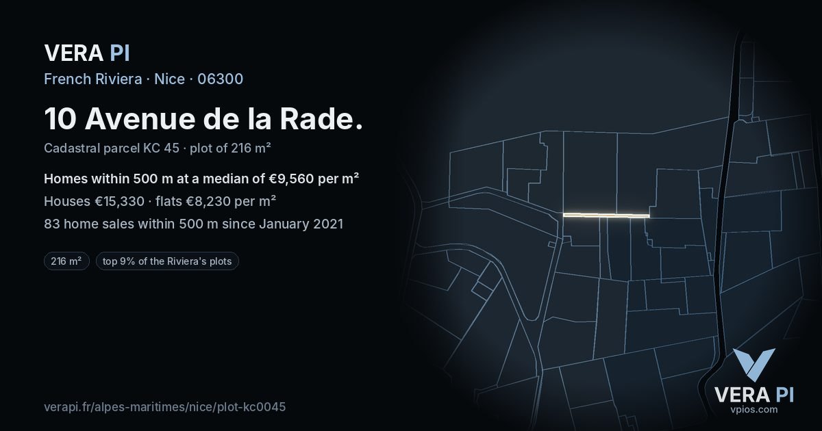10 Avenue de la Rade, Nice at night – the plot lit, the parcels around coloured by the prices near them