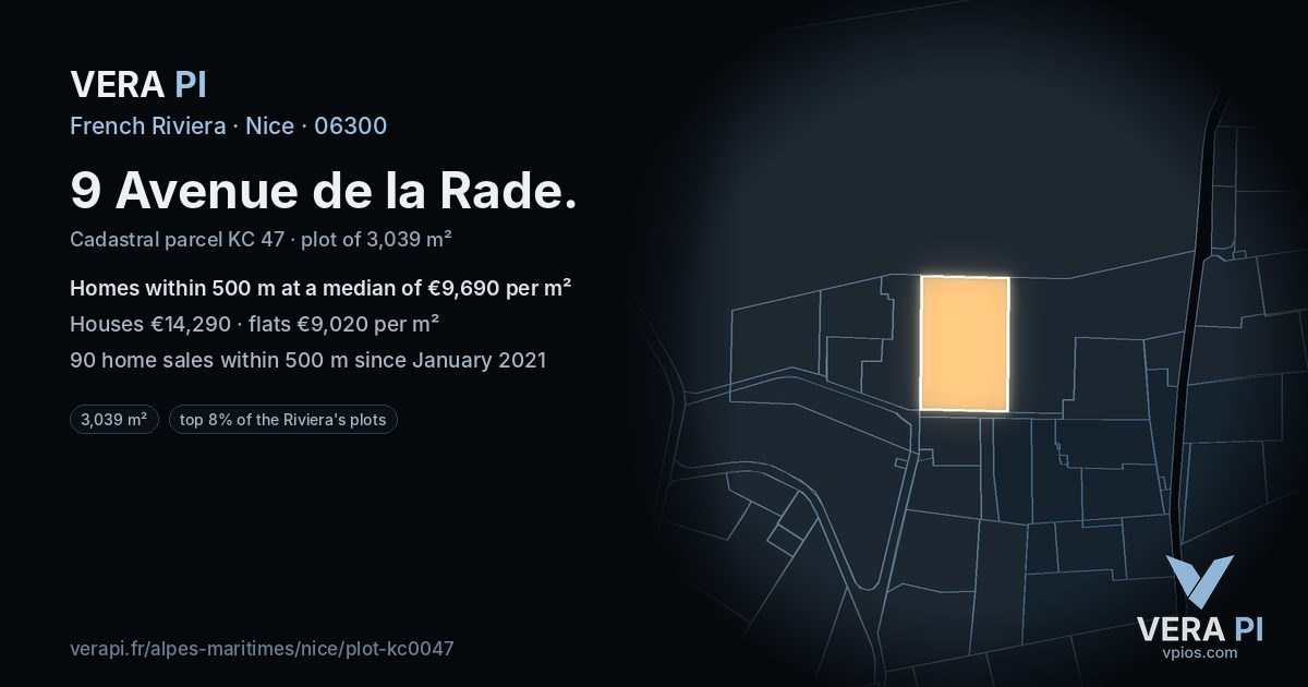 9 Avenue de la Rade, Nice at night – the plot lit, the parcels around coloured by the prices near them