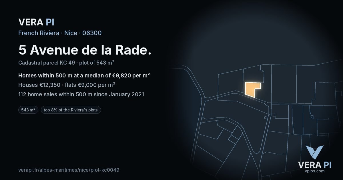 5 Avenue de la Rade, Nice at night – the plot lit, the parcels around coloured by the prices near them