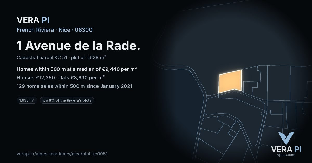 1 Avenue de la Rade, Nice at night – the plot lit, the parcels around coloured by the prices near them