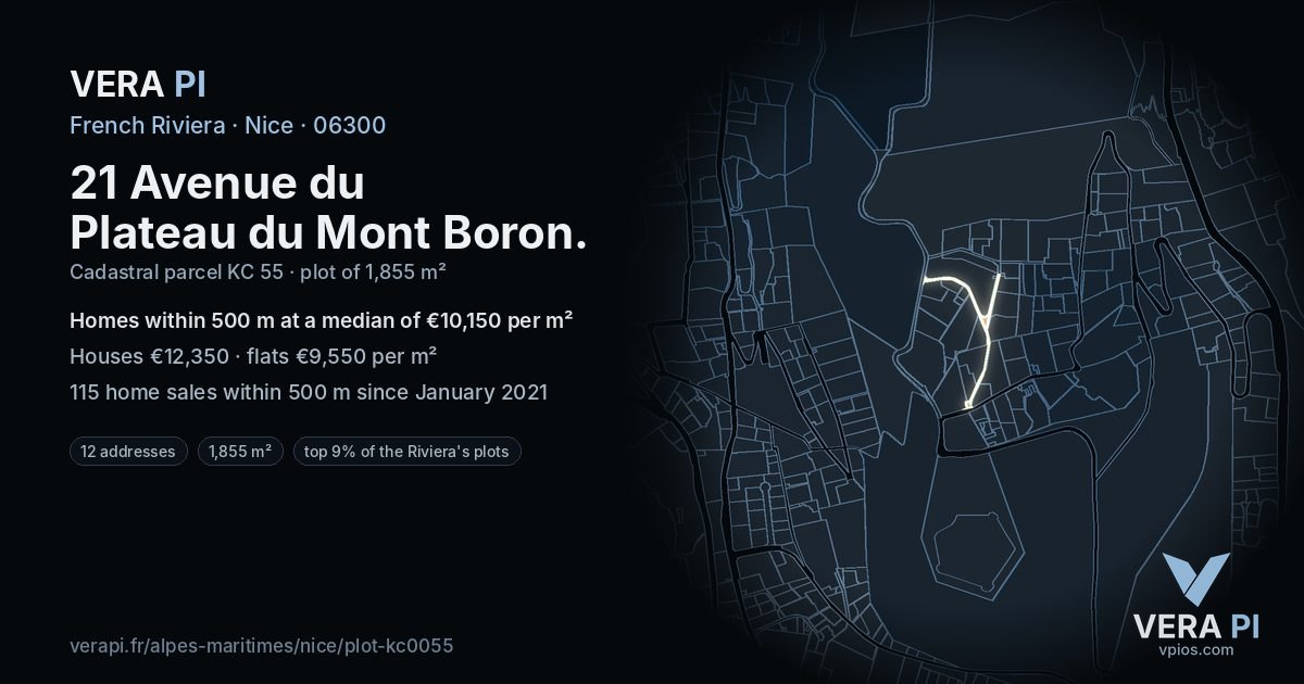 21 Avenue du Plateau du Mont Boron, Nice at night – the plot lit, the parcels around coloured by the prices near them