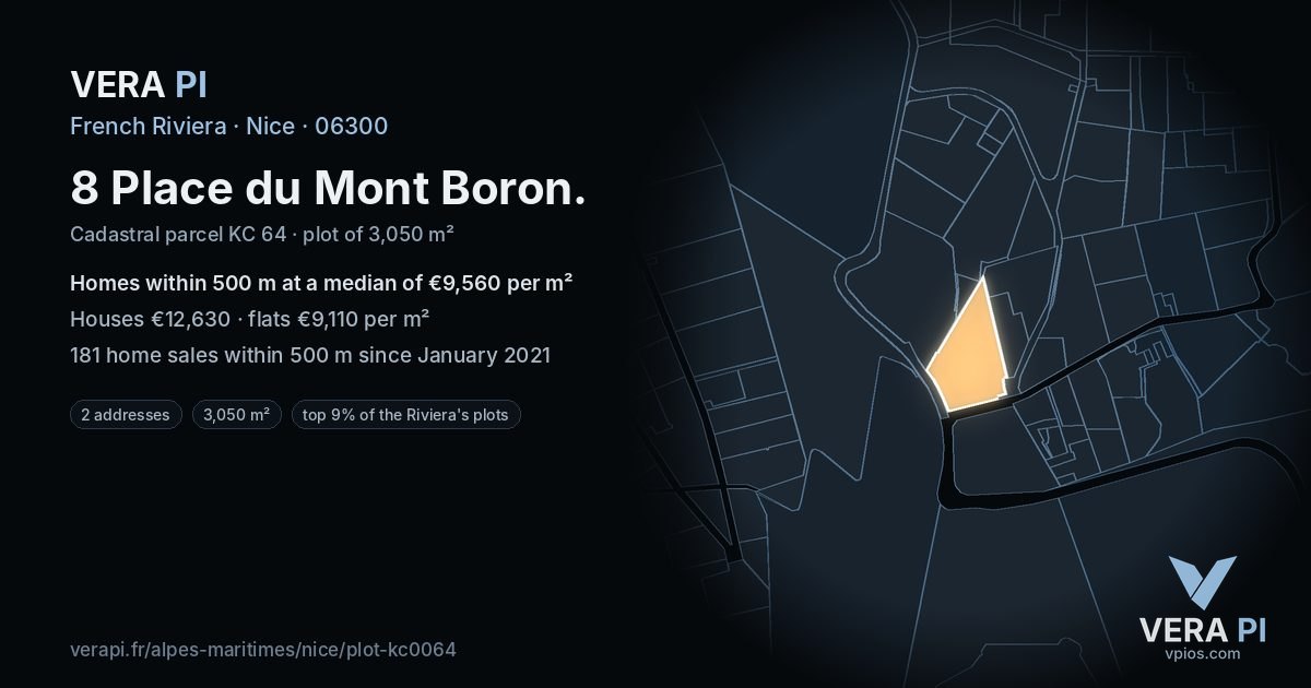 8 Place du Mont Boron, Nice at night – the plot lit, the parcels around coloured by the prices near them