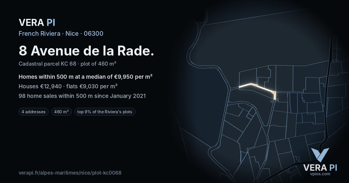 8 Avenue de la Rade, Nice at night – the plot lit, the parcels around coloured by the prices near them