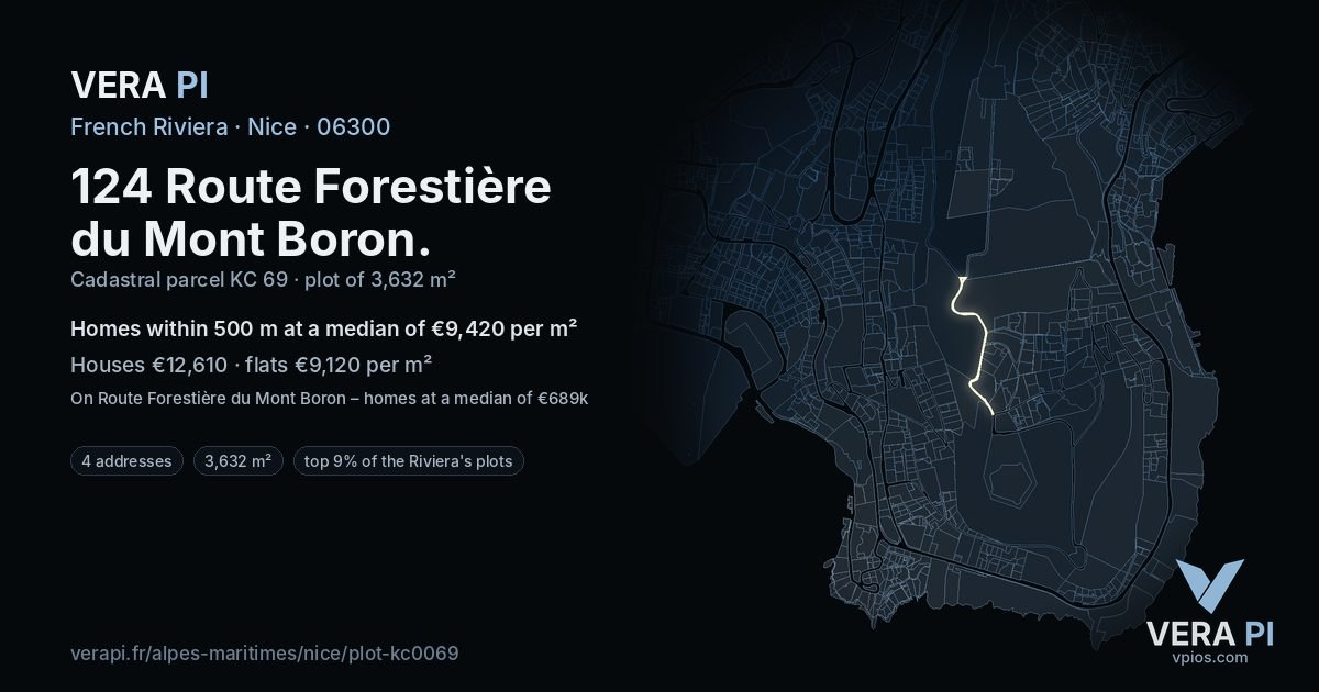 124 Route Forestière du Mont Boron, Nice at night – the plot lit, the parcels around coloured by the prices near them