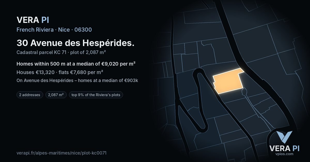 30 Avenue des Hespérides, Nice at night – the plot lit, the parcels around coloured by the prices near them