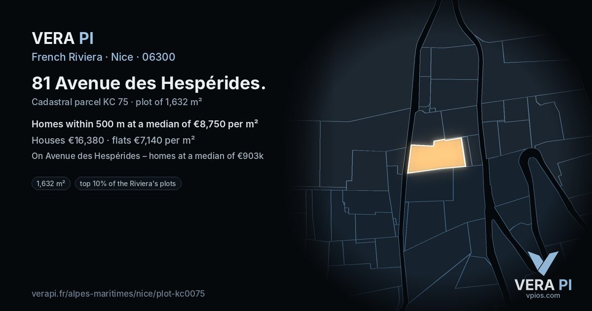 81 Avenue des Hespérides, Nice at night – the plot lit, the parcels around coloured by the prices near them