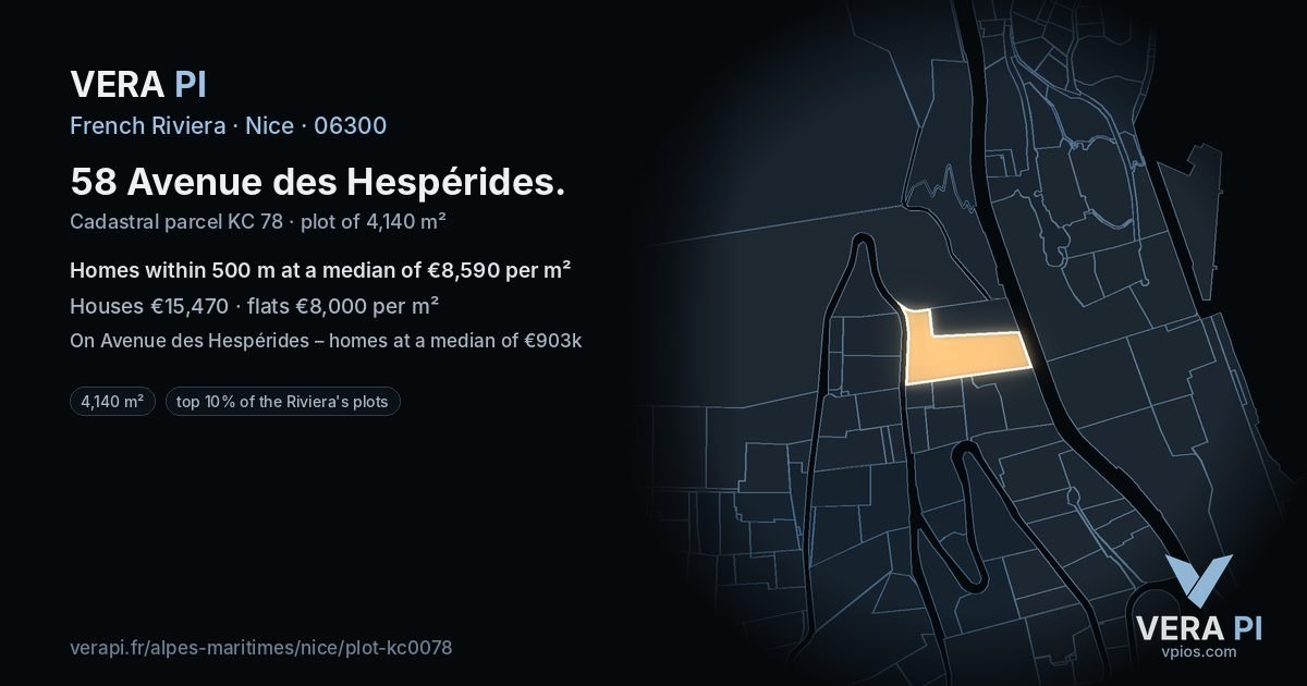 58 Avenue des Hespérides, Nice at night – the plot lit, the parcels around coloured by the prices near them