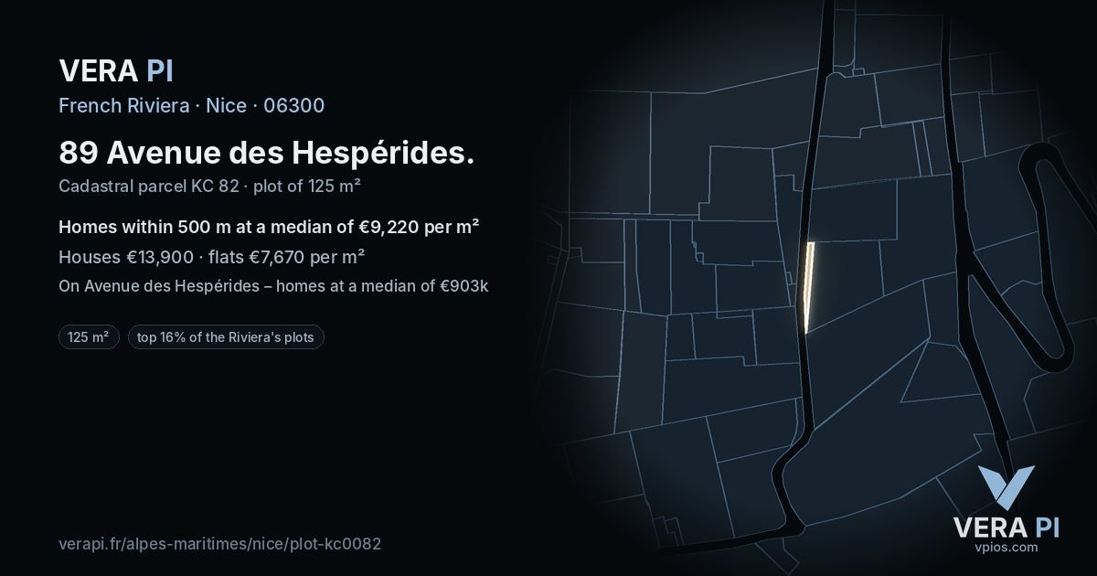 89 Avenue des Hespérides, Nice at night – the plot lit, the parcels around coloured by the prices near them