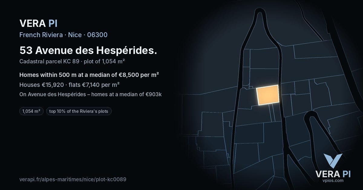 53 Avenue des Hespérides, Nice at night – the plot lit, the parcels around coloured by the prices near them