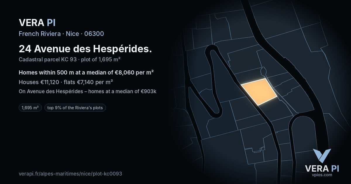 24 Avenue des Hespérides, Nice at night – the plot lit, the parcels around coloured by the prices near them