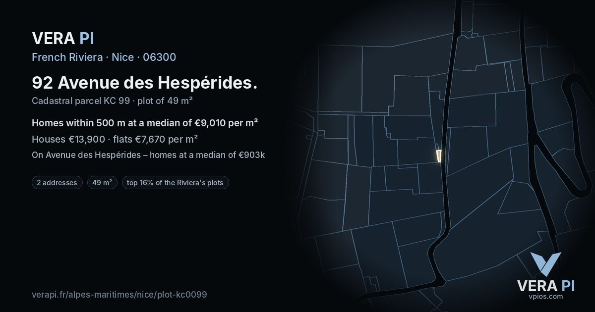 92 Avenue des Hespérides, Nice at night – the plot lit, the parcels around coloured by the prices near them