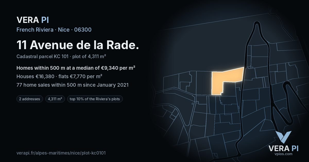 11 Avenue de la Rade, Nice at night – the plot lit, the parcels around coloured by the prices near them