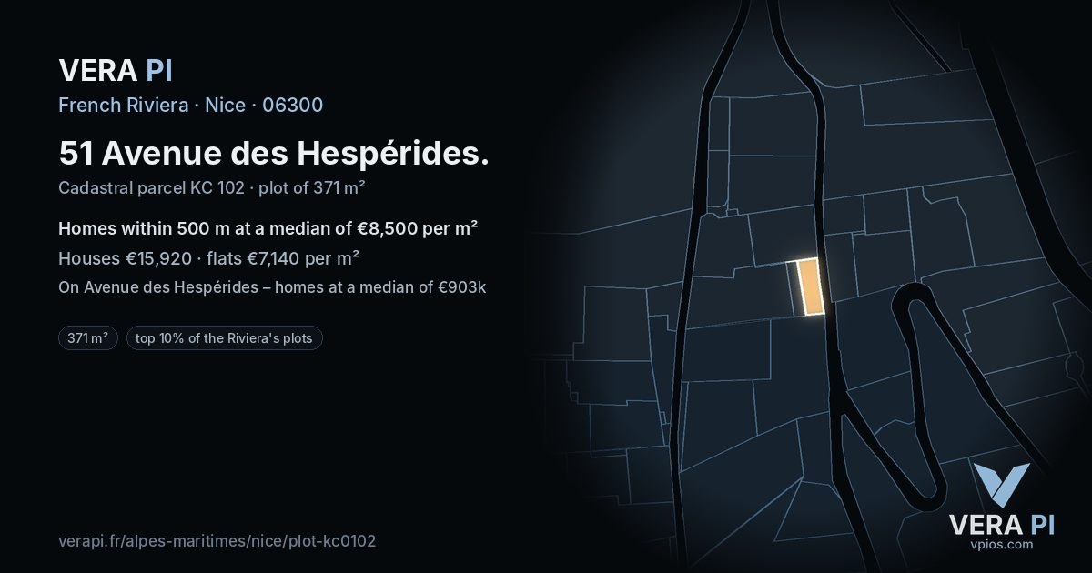 51 Avenue des Hespérides, Nice at night – the plot lit, the parcels around coloured by the prices near them
