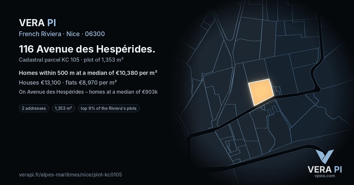 116 Avenue des Hespérides, Nice at night – the plot lit, the parcels around coloured by the prices near them