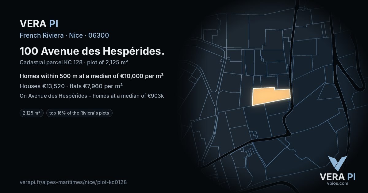 100 Avenue des Hespérides, Nice at night – the plot lit, the parcels around coloured by the prices near them