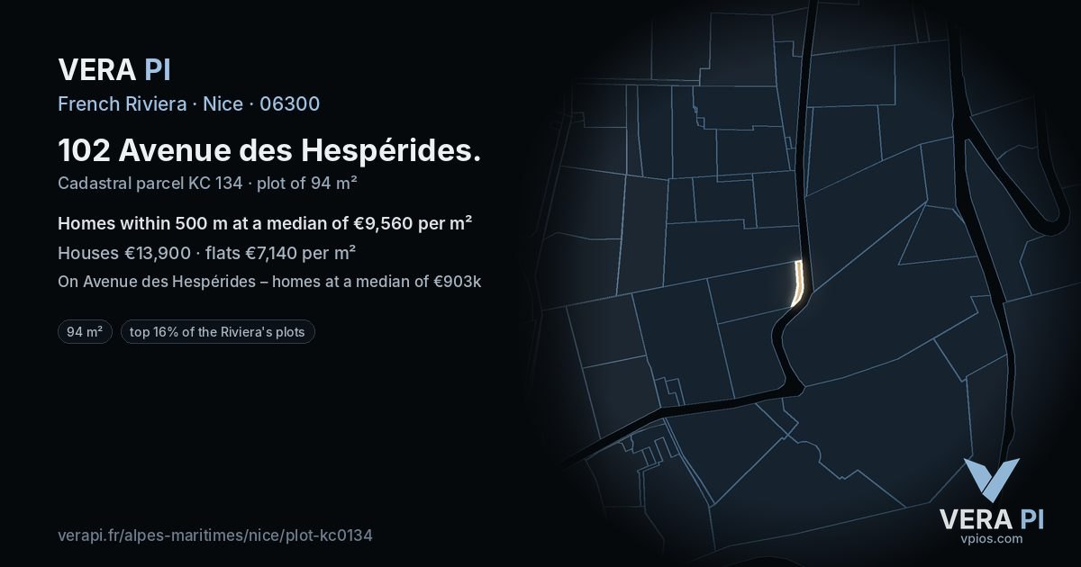 102 Avenue des Hespérides, Nice at night – the plot lit, the parcels around coloured by the prices near them