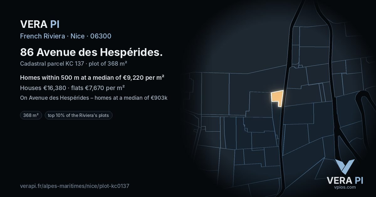 86 Avenue des Hespérides, Nice at night – the plot lit, the parcels around coloured by the prices near them