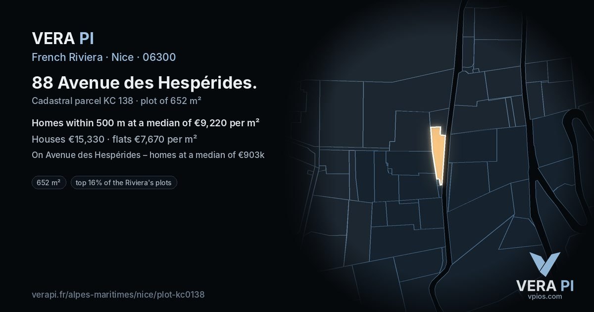 88 Avenue des Hespérides, Nice at night – the plot lit, the parcels around coloured by the prices near them
