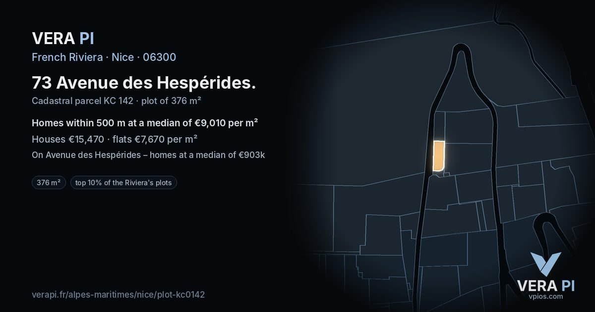 73 Avenue des Hespérides, Nice at night – the plot lit, the parcels around coloured by the prices near them