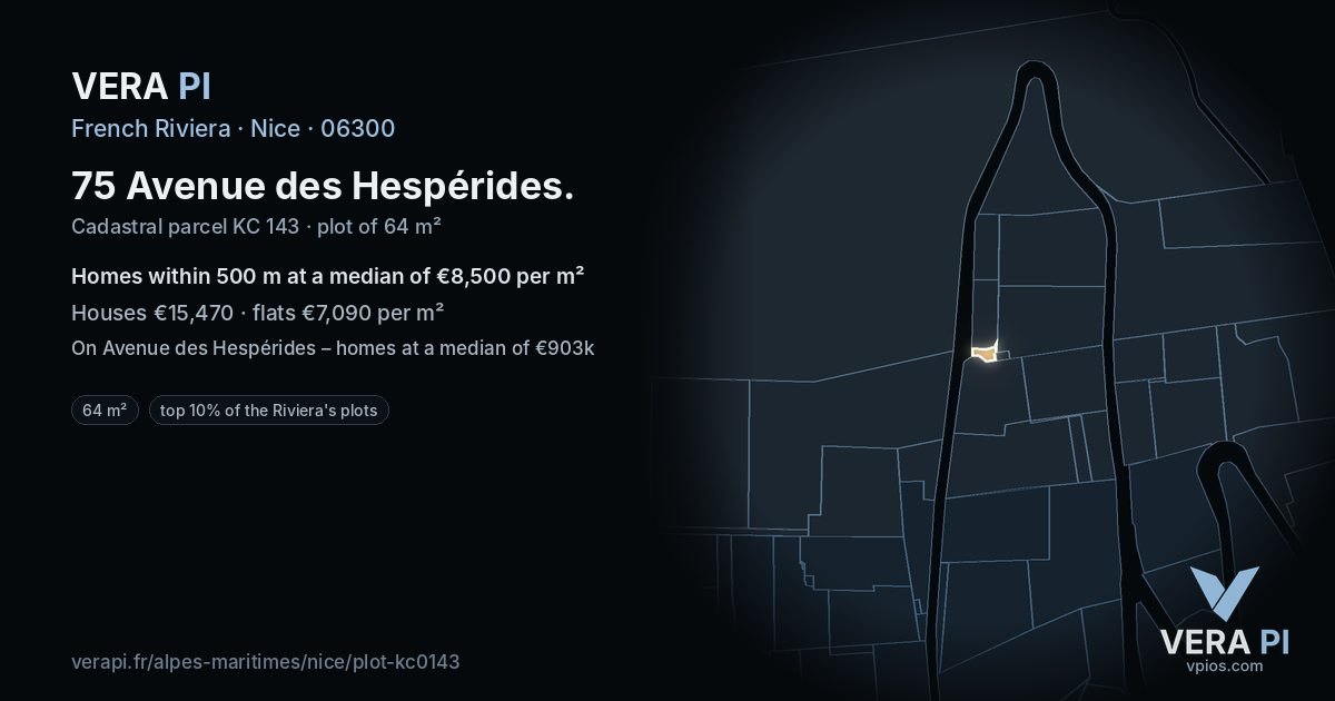 75 Avenue des Hespérides, Nice at night – the plot lit, the parcels around coloured by the prices near them