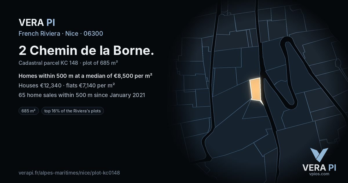 2 Chemin de la Borne, Nice at night – the plot lit, the parcels around coloured by the prices near them