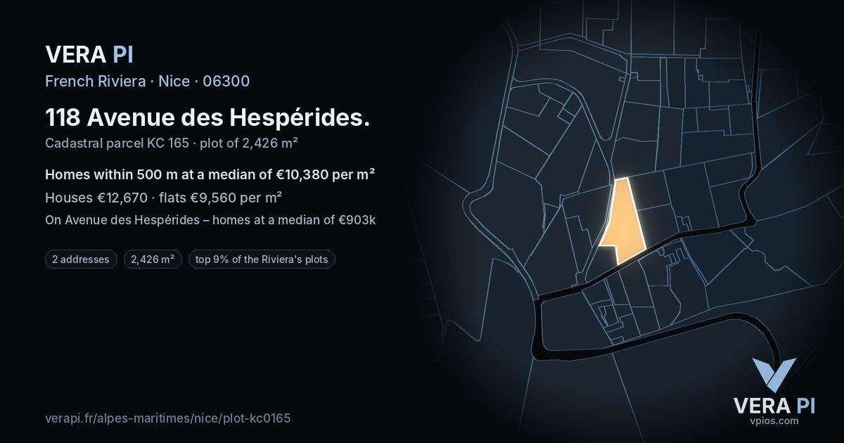 118 Avenue des Hespérides, Nice at night – the plot lit, the parcels around coloured by the prices near them