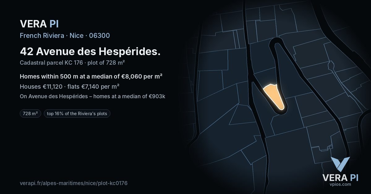 42 Avenue des Hespérides, Nice at night – the plot lit, the parcels around coloured by the prices near them