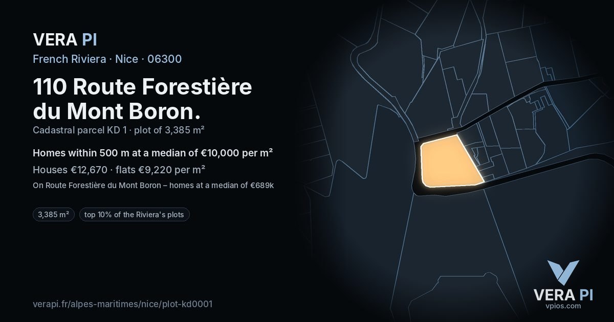 110 Route Forestière du Mont Boron, Nice at night – the plot lit, the parcels around coloured by the prices near them