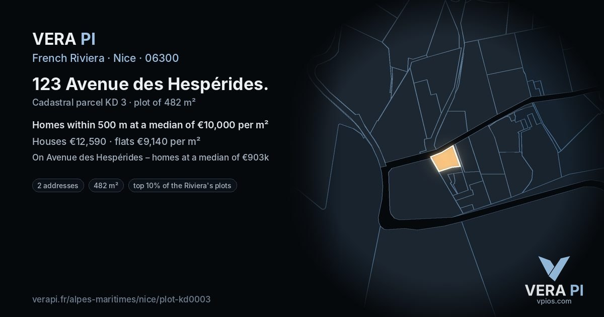 123 Avenue des Hespérides, Nice at night – the plot lit, the parcels around coloured by the prices near them