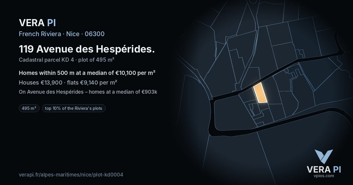 119 Avenue des Hespérides, Nice at night – the plot lit, the parcels around coloured by the prices near them