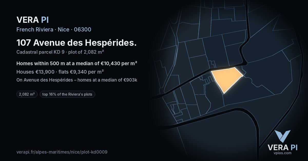 107 Avenue des Hespérides, Nice at night – the plot lit, the parcels around coloured by the prices near them