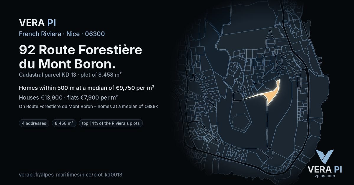 92 Route Forestière du Mont Boron, Nice at night – the plot lit, the parcels around coloured by the prices near them