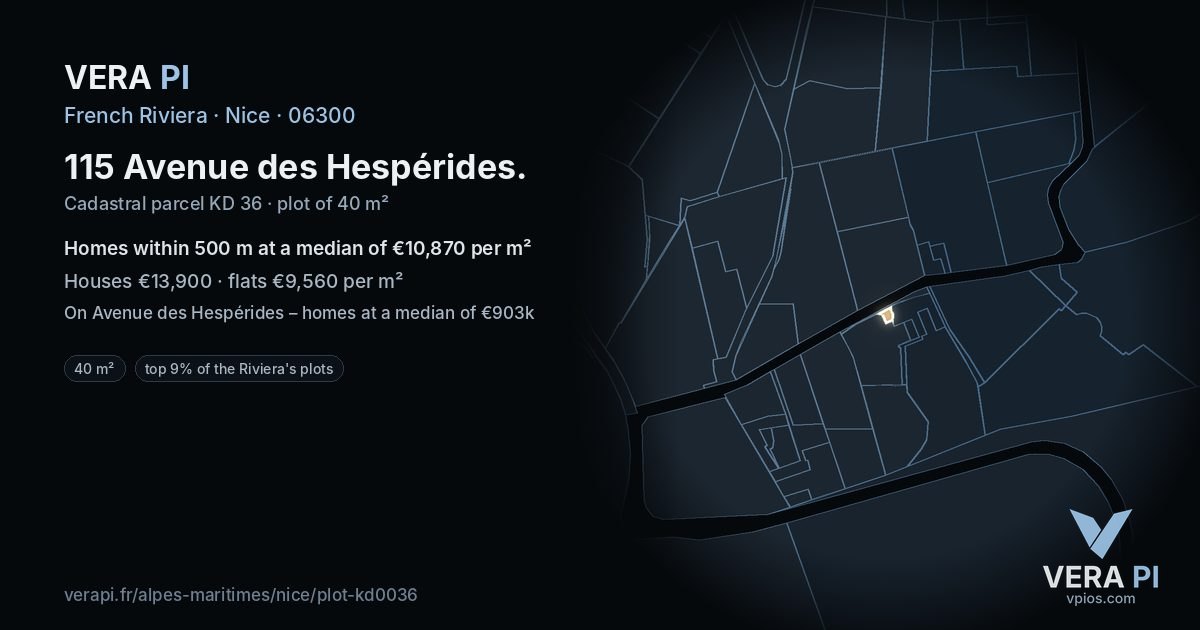 115 Avenue des Hespérides, Nice at night – the plot lit, the parcels around coloured by the prices near them